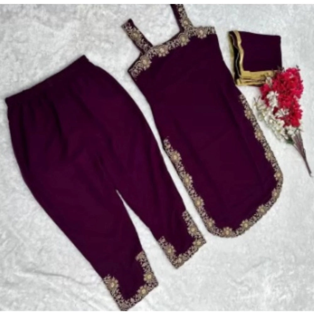Generic Women's Georgette Embroidery Sleeveless Round Neck Kurti, Palazzo And Dupatta Set (Wine)
