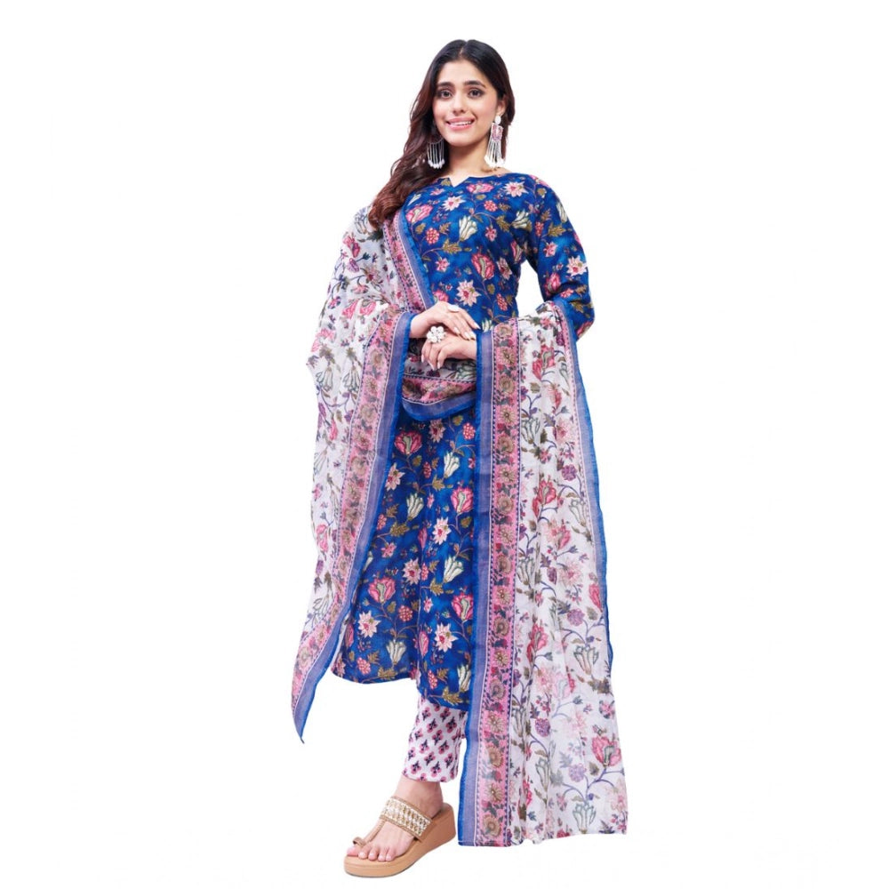 Generic Women's Cotton Blend Printed Kurti With Pant Dupatta Set (Blue)