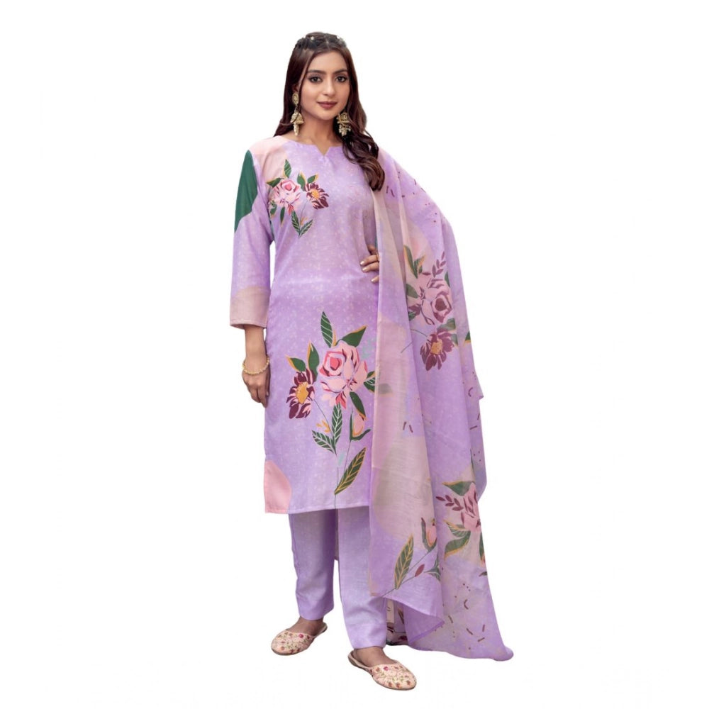 Generic Women's Cotton Blend Printed Kurti With Pant Dupatta Set (Lavender)