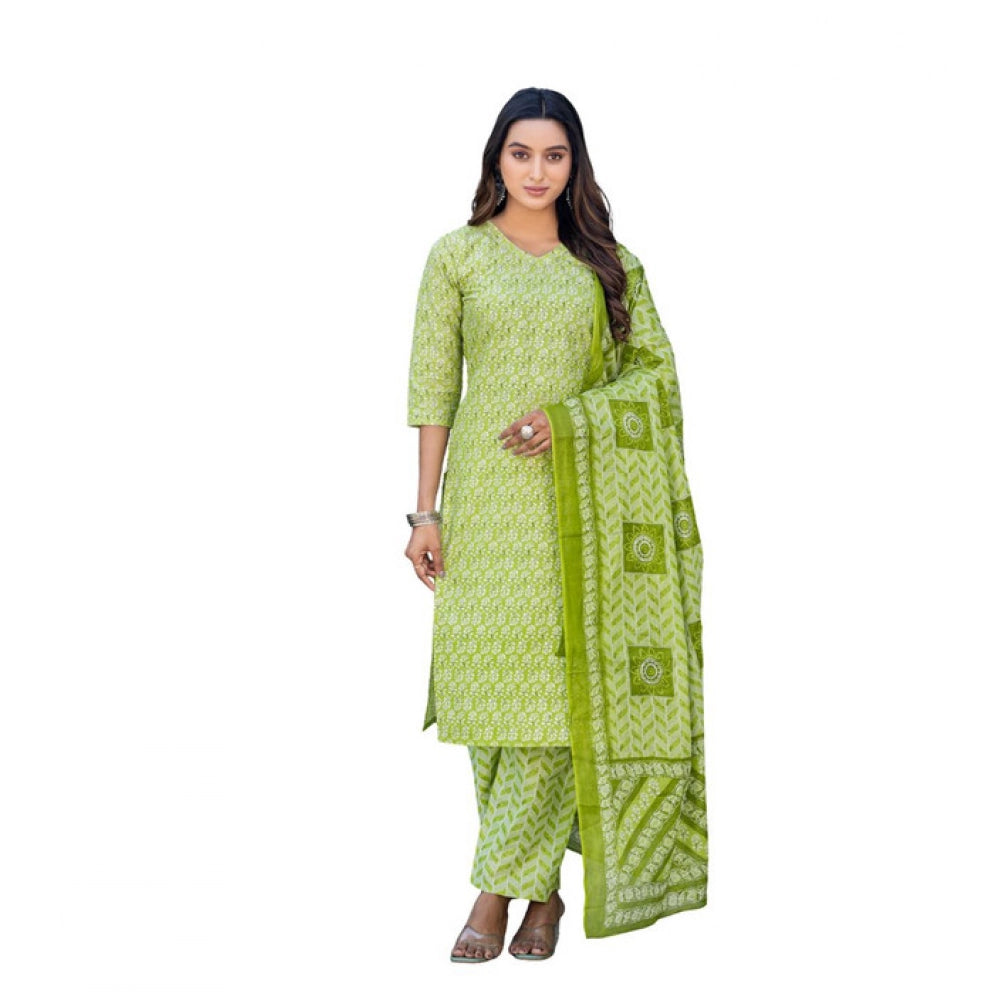 Generic Women's Cotton Blend Printed Kurti With Pant Dupatta Set (Parrot)