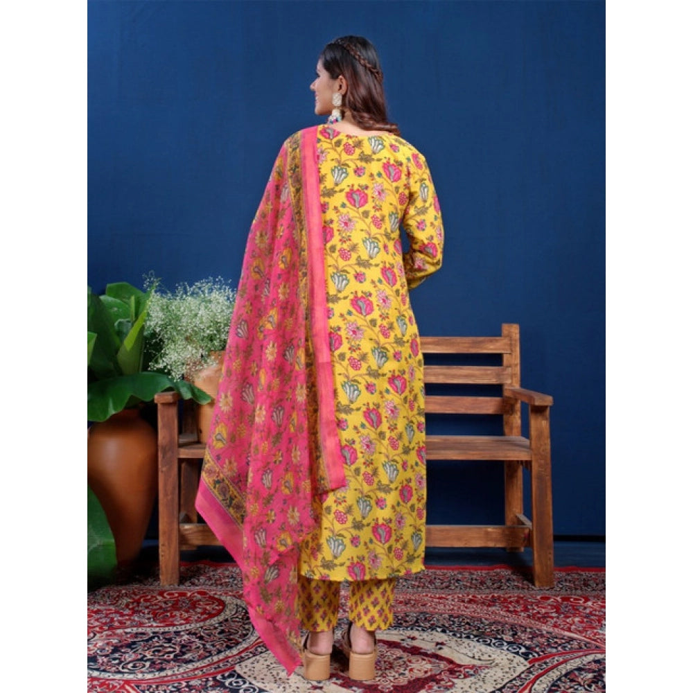 Generic Women's Cotton Blend Printed Kurti With Pant Dupatta Set (Yellow)