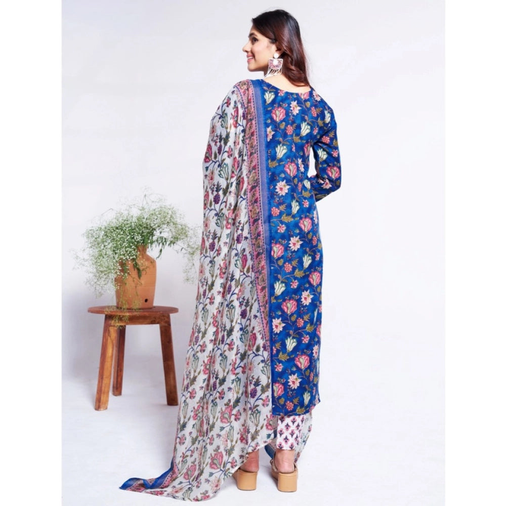 Generic Women's Cotton Blend Printed Kurti With Pant Dupatta Set (Blue)