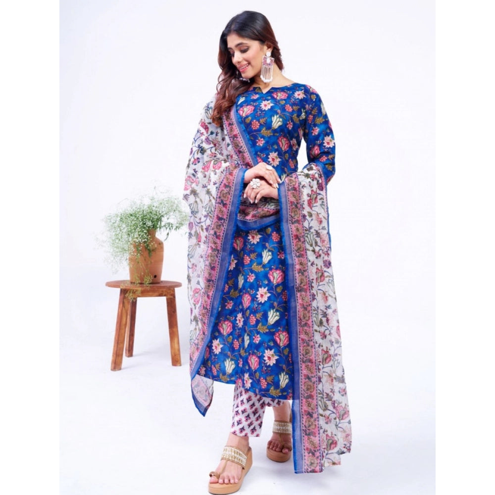 Generic Women's Cotton Blend Printed Kurti With Pant Dupatta Set (Blue)