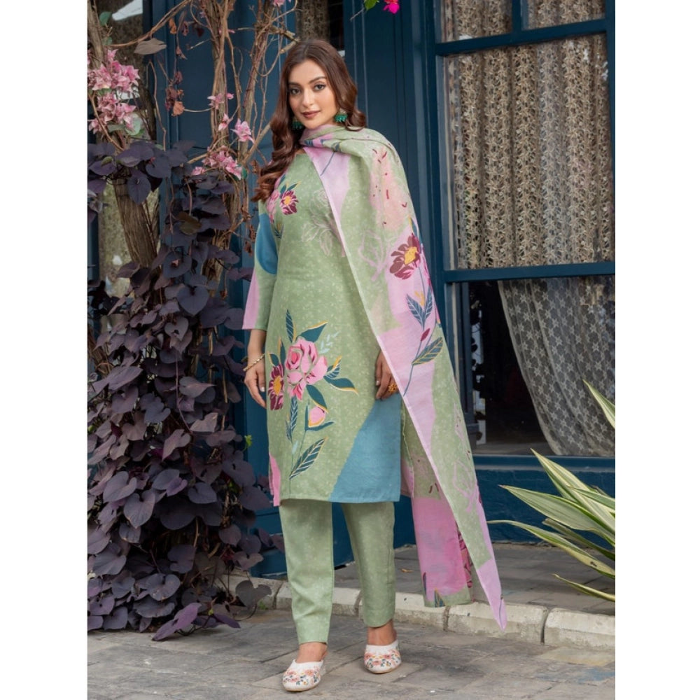 Generic Women's Cotton Blend Printed Kurti With Pant Dupatta Set (Mehendi)