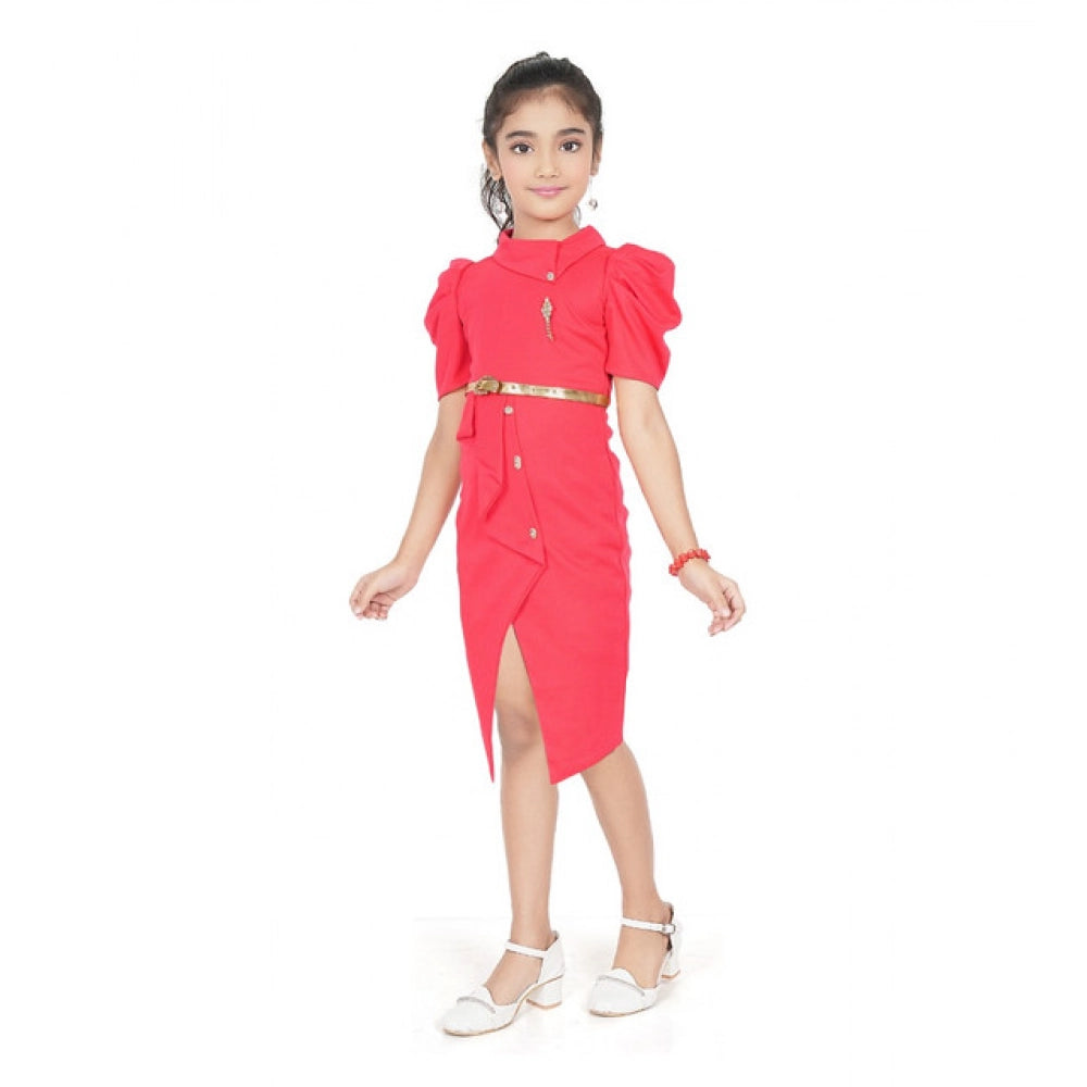 Generic Girl's Cotton Lycra Soild Short Sleeve Close Neck Dress (Pink)