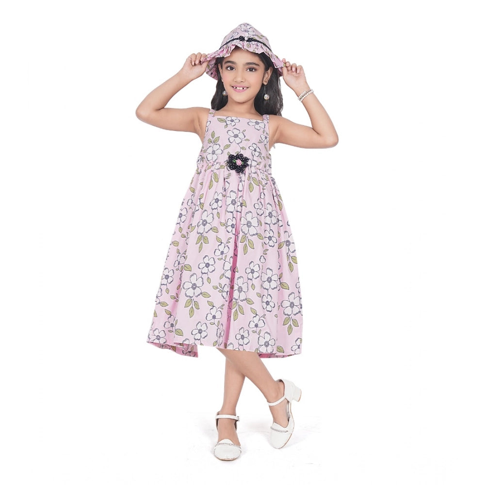 Generic Girl's Cotton Printed Sleeve Less Round Neck Dress (Pink)
