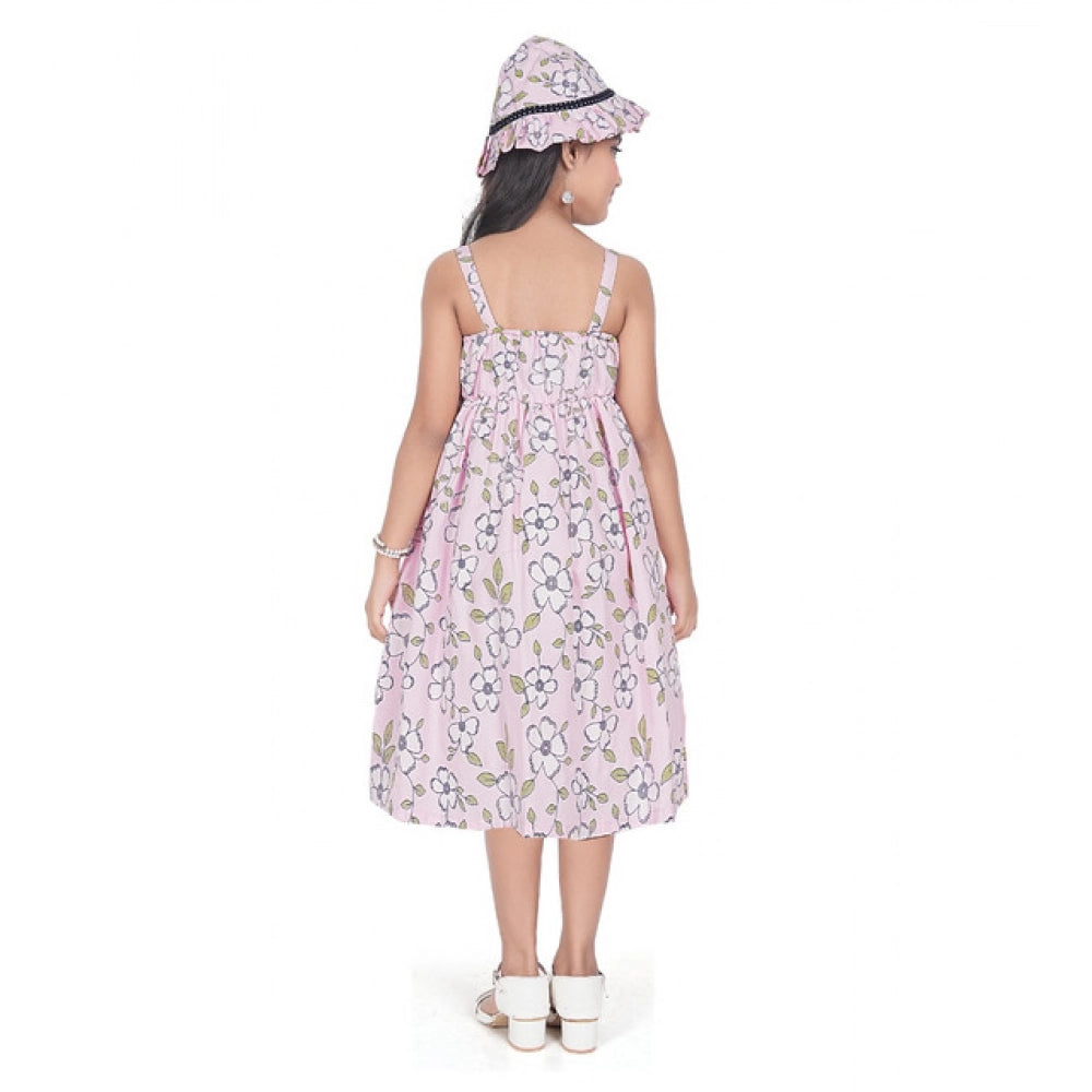 Generic Girl's Cotton Printed Sleeve Less Round Neck Dress (Pink)