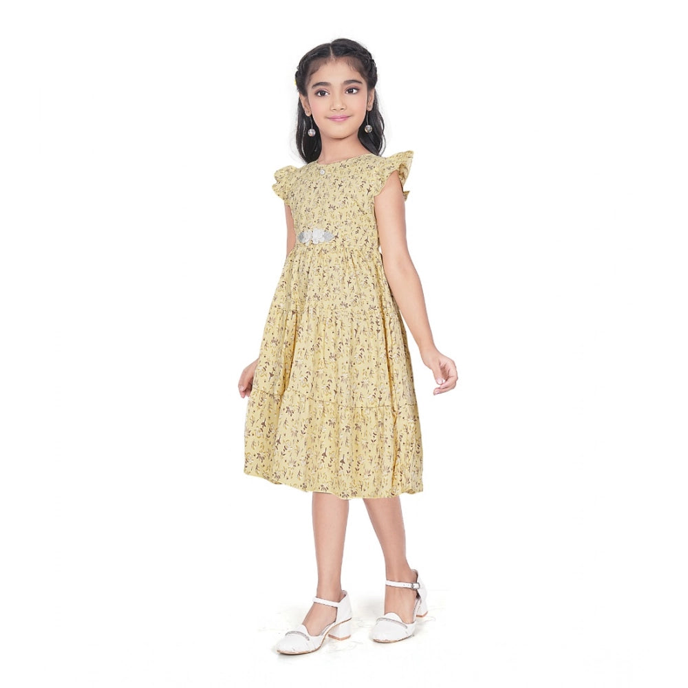 Generic Girl's Twill Printed Short Sleeve Round Neck Dress (Yellow)