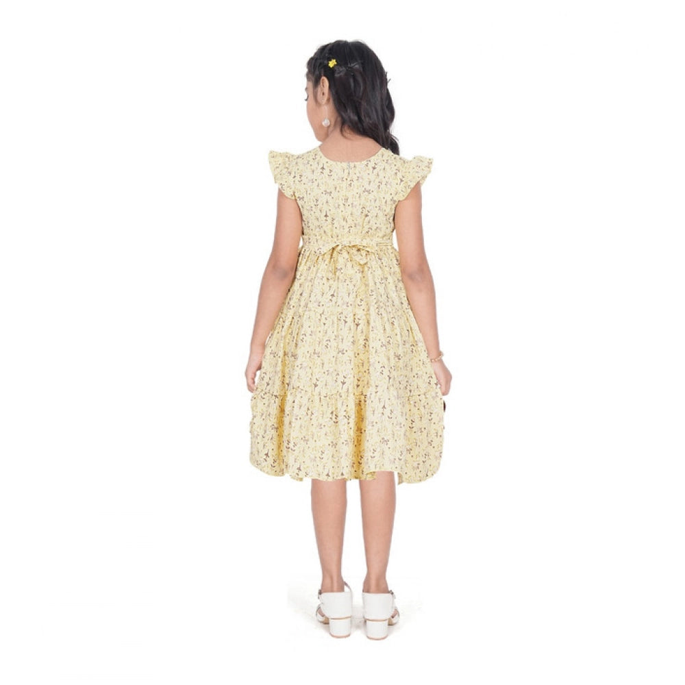 Generic Girl's Twill Printed Short Sleeve Round Neck Dress (Yellow)