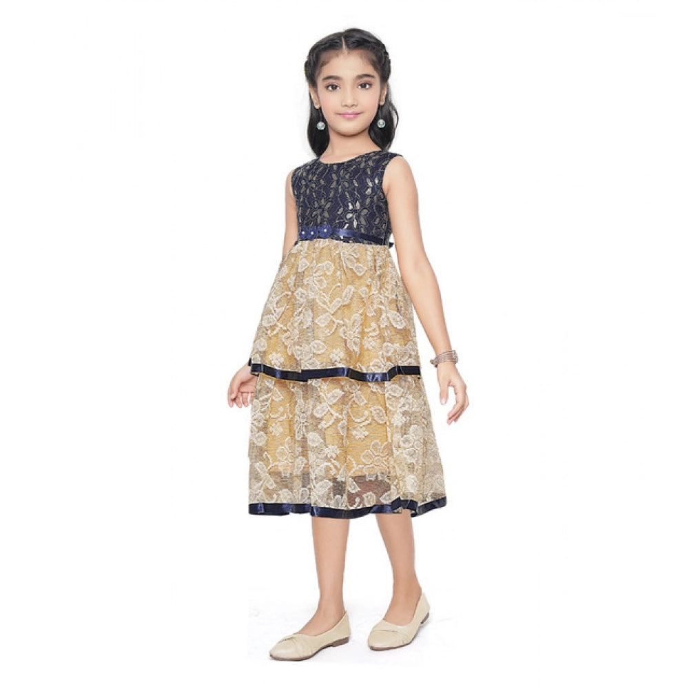 Generic Girl's Fancy Net Net Sleeve Less Round Neck Dress (Blue)