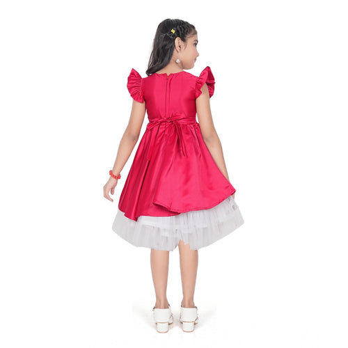 Generic Girl's Satin Soild Short Sleeve V Neck Dress (Pink)
