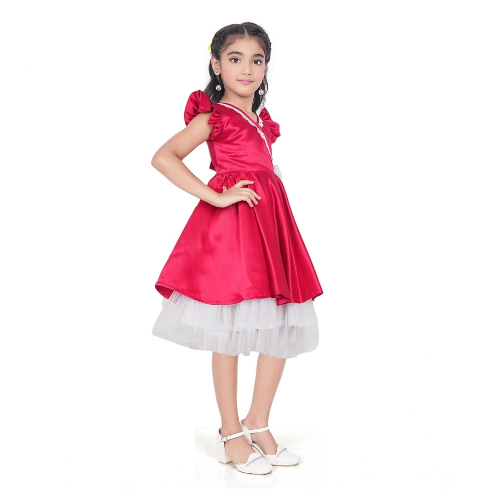 Generic Girl's Satin Soild Short Sleeve V Neck Dress (Pink)