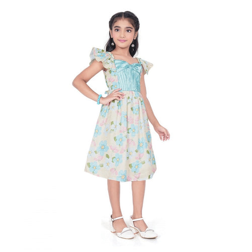 Generic Girl's Popcorn Printed Short Sleeve Squre Neck Dress (Sky Blue)