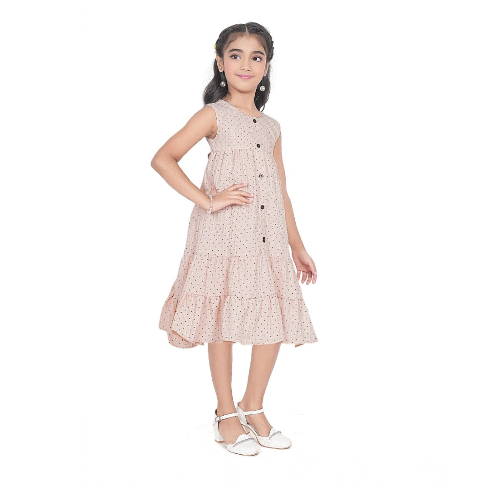 Generic Girl's Slub Printed Sleeve Less Round Neck Dress (Brown)