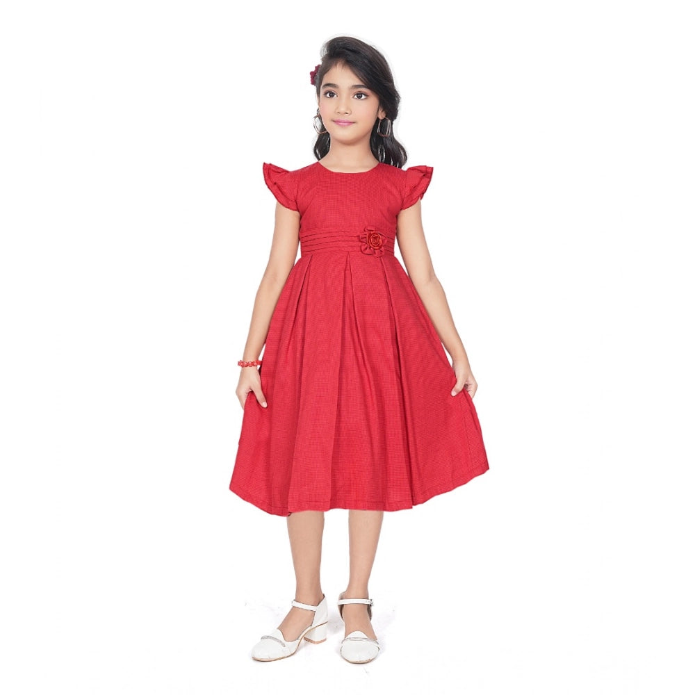 Generic Girl's Rayon Soild Short Sleeve Round Neck Dress (Red)