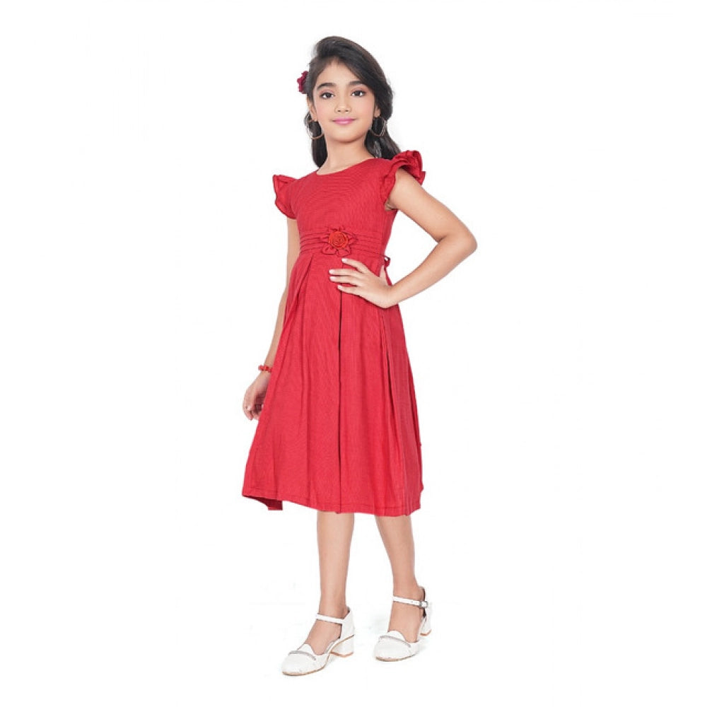 Generic Girl's Rayon Soild Short Sleeve Round Neck Dress (Red)