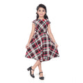 Generic Girl's Lycra Checks Striped Short Sleeve Round Neck Dress (Pink)