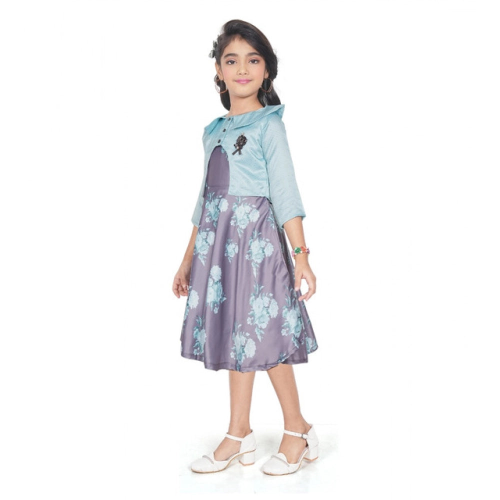 Generic Girl's Satin Printed Sleeve Less Round Neck Dress (Sea Green)