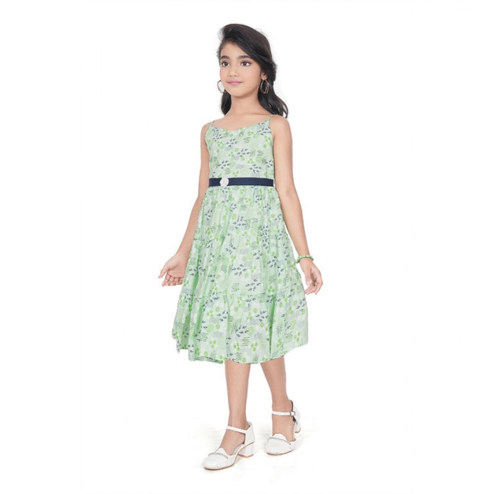 Generic Girl's Cotton Slub Printed Sleeve Less Round Neck Dress (Sea Green)