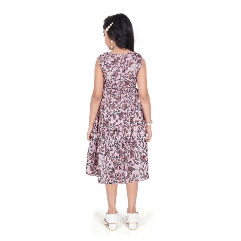 Generic Girl's Digital Slub Printed Sleeve Less Round Neck Dress (Brown)