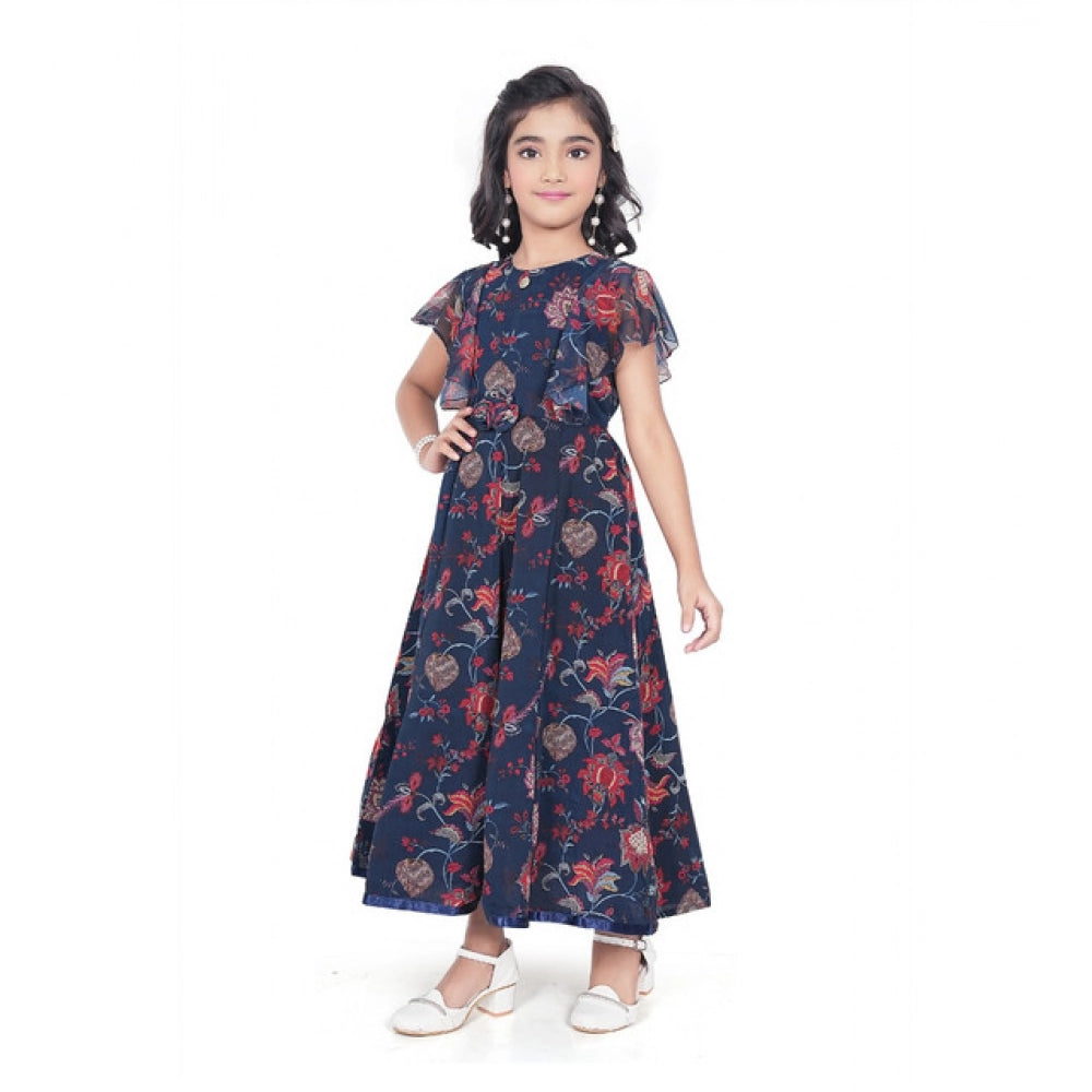 Generic Girl's Shiffon Printed Short Sleeve Round Neck Dress (Blue)