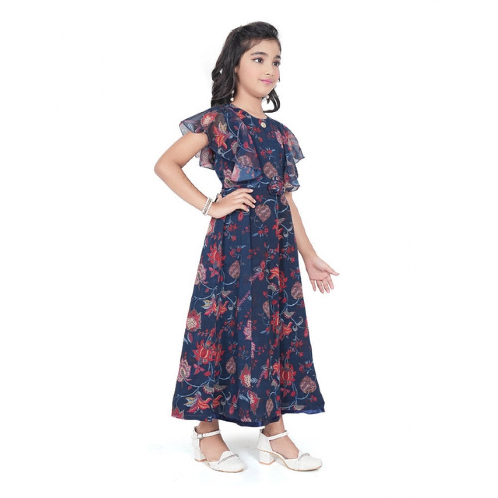 Generic Girl's Shiffon Printed Short Sleeve Round Neck Dress (Blue)